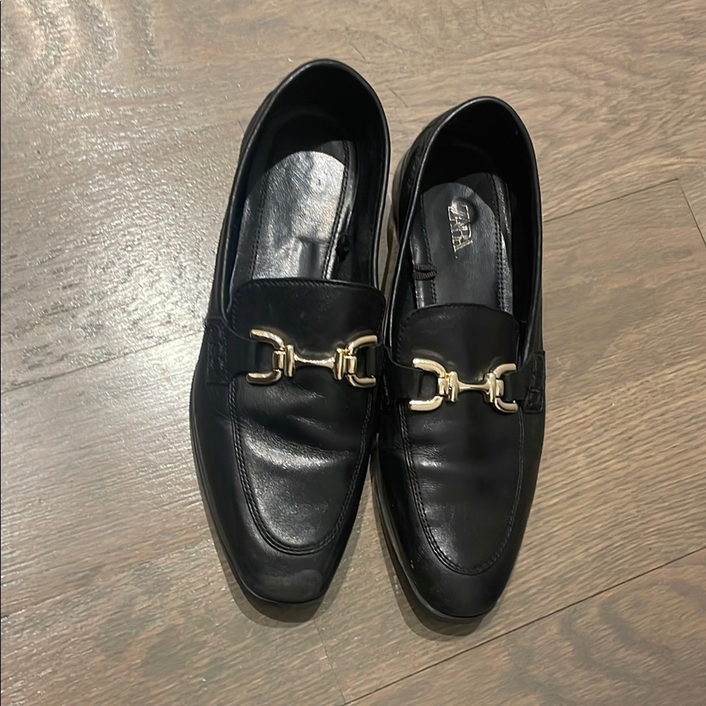 Zara Black Leather Loafers with Gold-Toned Hardware